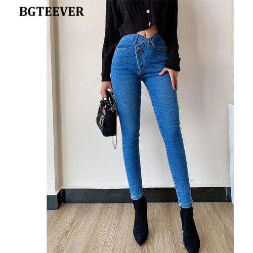 BGTEEVER 2021 New Jeans Womens High Waist Stretched Hip Slim Fit Skinny Denim Jeans Female Oblique Buckle Pencil Pants Femme