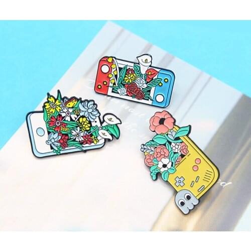 Colorful flowers Blooming game machine Enamel Pins Retro gamepad phone Brooches Bag Lapel Badge Jewelry Gifts for Kids Friends