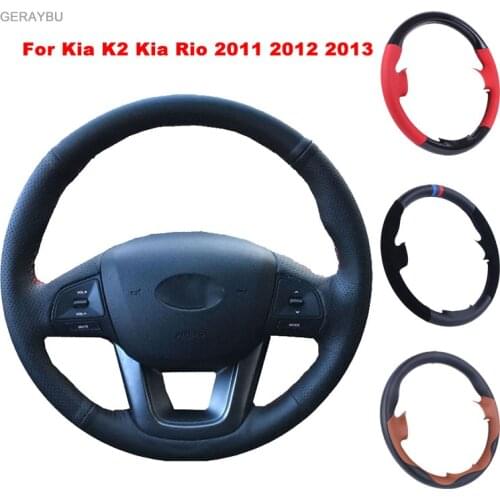 GERAYBU Custom DIY Black Leather Hand-sewn Car Steering Wheel Cover For Kia K2 Kia Rio 2011 2012 2013 Breathable Wear-resistant