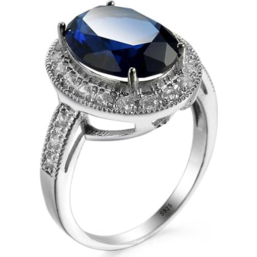 Trendy real solid Silver Color Luxury Blue Stone Zircon Love Lady Ring Womens Valentines Day Gifts for Bague Femme