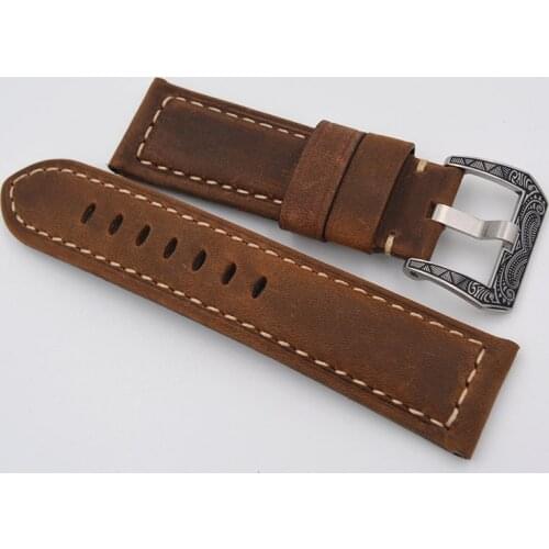 High Quality Handmade Leather Watchbands, Vintage Brown Black 22mm 24mm Watch band strap for Panerai with Carved Buckle