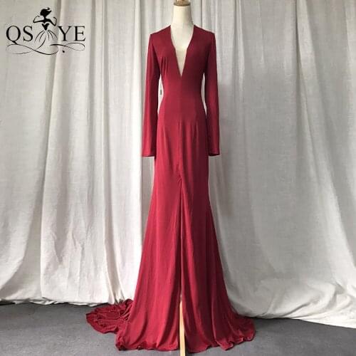 Long Sleeves Red Evening Dress Simple Elastic Prom Gown Long Train Plugging V Neck Party Dress Front Split Women Formal Gown