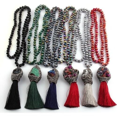 Fashion Bohemian Tribal Jewelry Long Crystal Glass Knotted Natural Druzy & Tassel Pendant Charm Necklaces Women Ethnic Necklace