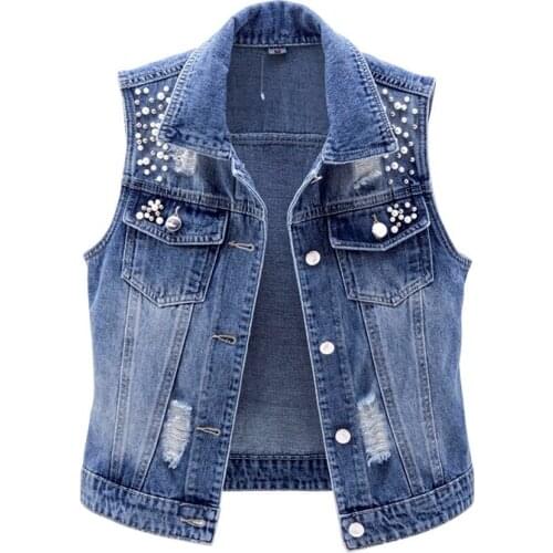 Fashion Beaded Short Denim Vest Women 2020 Spring New Sleeveless Jacket Hole Jeans Vest Women Wild Slim Waistcoats Tide D3605