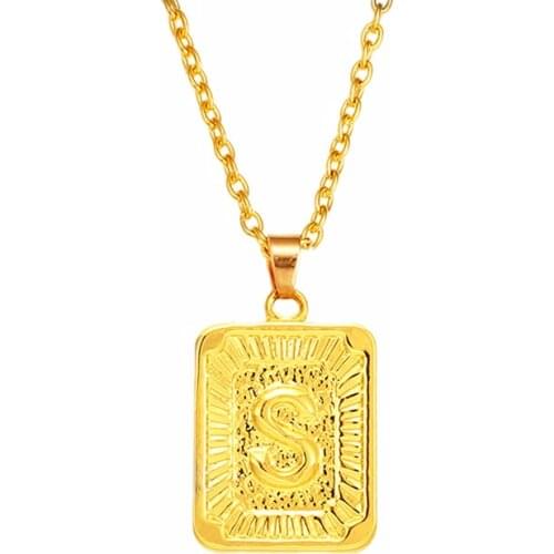 Initial Letter Necklace A C E F I J K L N O P Q R S T U V W X Y Z Square Alphabet Rectangle Medallion 50cm Gold Chain Choker