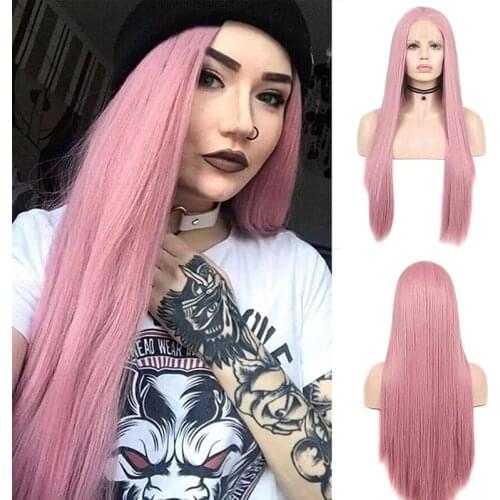 AIMEYA Beautiful Ash Pink Silky Straight Synthetic Lace Front Wig Half Handed Tied High Temperature Hair Lace Wigs for Women