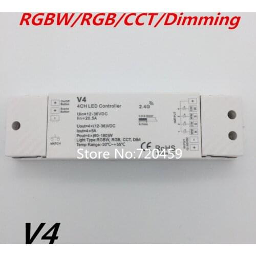 RGBW/RGB/CCT/Dimming 4 Channel LED RF Controller+2.4GHz Wireless RF Remote Controller for RGB/RGBW LED Strip Light