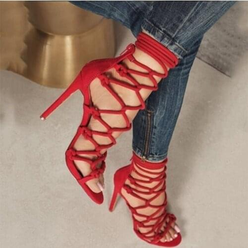 Women Gladiator Cross Tie Sandasl Ladies Sexy Thin High Heel Female Peep Toe Zip Rome Pumps Womens Summer Shoes Plus Size