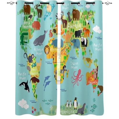 Cartoon Animal World Map Modern Blackout Curtains For Living Room Bedroom Window Treatment Blinds Drapes Kitchen Curtains