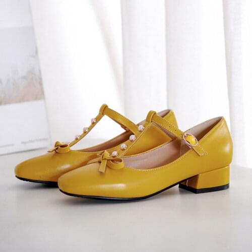 Ochanmeb Retro T-strap Mary Janes Shoes Woman Big Plus Oversize 47 48 Pearls Women Pumps Yellow White Square Toe Sweet Bow Shoes