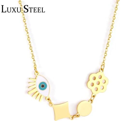 LUXUSTEEL 2021 New Trendy Style Gold Color Flower Blue Eye Shape Pendant Necklace Collars Accessories Stainless Steel Chains