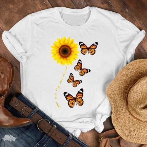 Cartoon Butterfly Sunflowers Women Summer Elegant Fall Autumn Shirt Clothes Tshirt Tee Womens Top Female Print T Graphic T-shirt