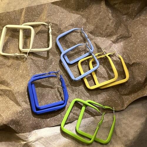 Lifefontier Trendy Blue Yellow Green Metal Hoop Earrings For Women Colorful Geometric Square Big Earrings Summer Korean Jewelry