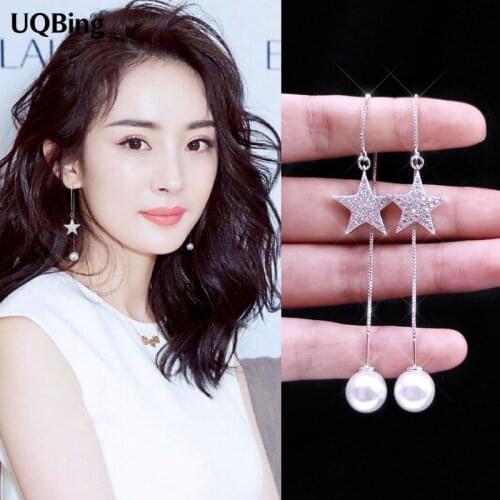 New Authentic 925 Sterling Silver Anti-allergic Pearl Crystal Star Drop Earrings For Women Free Shipping Brincos
