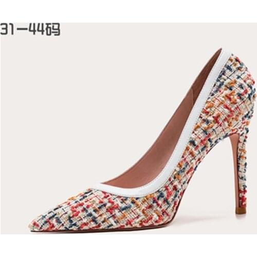 Small stilettos womens spring 2021 new large size pointed shallow mouth color cloth single shoes banquet dress wedding shoes