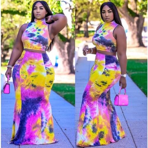 Plus Size Womens Sexy Tank Top Skirt Suit Fashion Tie-dye High-neck Cropped Top and Tight-fitting Long Skirt Two-piece Suit