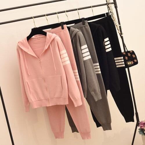 Large-size Knitted Two-piece Womens New Pants Suit Long-sleeved Jacket + Trousers Sports Two-piece Women