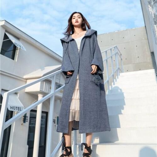 Original lazy style sweater jacket women 2020 autumn winter big hat loose mid-length knitted cardigan big pocket jacket women 30