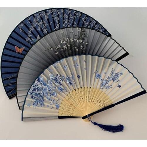 1Pc Vintage Silk Folding Fan Chinese Japanese Bamboo Dance Hand Fan Home Decor Ornaments Wedding Party Colorful Fan Craft Gifts