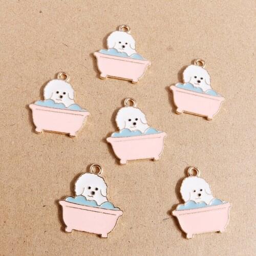 10pcs 24*27mm Animal Charms Cartoon Enamel Take Bath Dog Charms Pendants for Making Necklaces Drop Earrings DIY Jewelry Findings