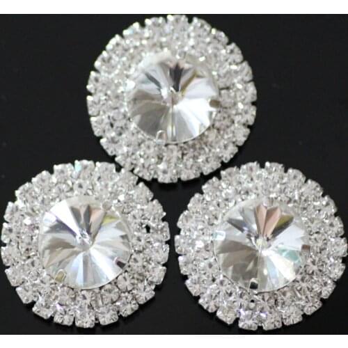 10pcs/lot Big Size 32mm Crystal Rhinestones Buttons With 3 Hole Silver Flat Base,Sew on Strass For DIY Garments