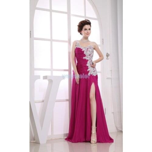 Free shipping vestidos para festa 2015 new style rhinestone sexy one shoulder lace appliques purple chiffon long prom Dresses