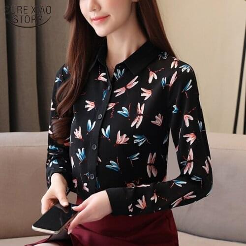Fashion Women Blouses Printed Long Sleeve Vintage Top Female Black Floral Loose Autumn Womens Chiffon Blouse Feminine 10747