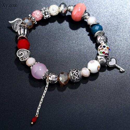 Heart Charms Bracelet with Crystal Glass Beads Fit Snake Chain Brand Bracelet