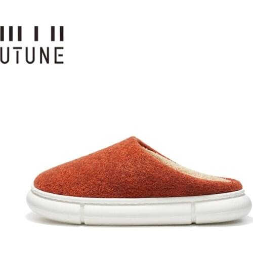 UTUNE Winter Coral Fleece Women Indoor Slippers Felt EVA Men House Shoes 4CM Soft Platform Shoes Furry Slides Thick Anti-slip