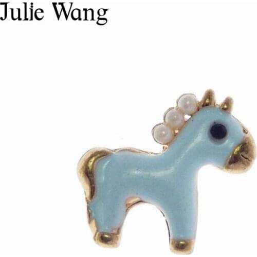 Julie Wang 5PCS Alloy Gold Base Blue Enamel Pearl Little Horse Charm Necklace Pendant Earrings DIY Accessory Jewelry Making