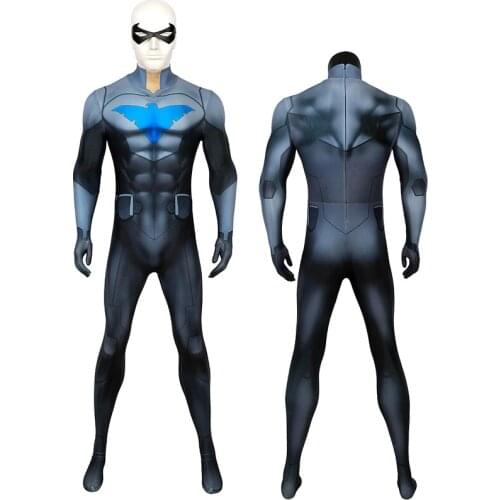 Adult Superhero Son of Bat Cosplay Costume Dick Grayson Jumpsuit Halloween Masquerade Bodysuit With Eye Mask