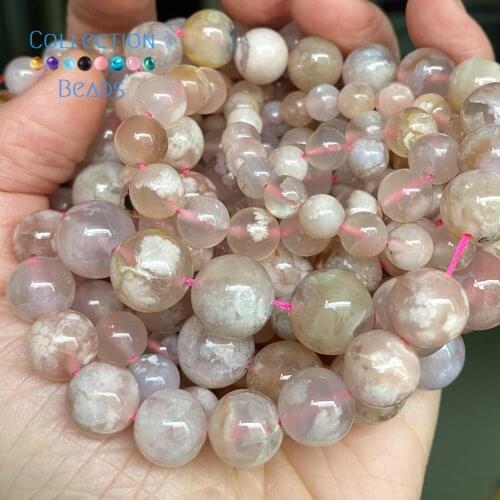 Natural Pink Sakura Agates Stone Loose Round Beads for Jewelry Making 6-12mm Spacer Beads Diy Women Bracelets Accessories 15"