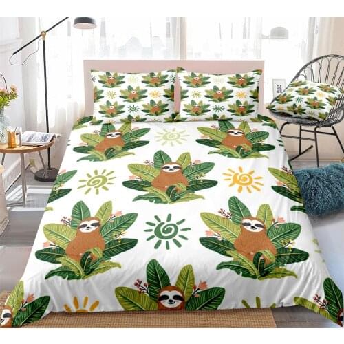 Cute Baby Sloths Duvet Cover Set Cartoon Funny Sloths Bed Set Tropical Leaves Bedding Kids Boys Girls Animal 3PCS White Dropship