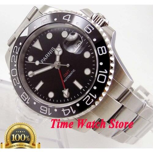 40mm parnis black dial red GMT ceramic bezel sapphire glass automatic movement mens watch 688