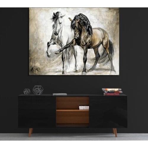 Wall Art Posters Animal Oil Painting On Canvas Wall Pictures Retro Nostalgia Two Brown Horses Dancing for Living Room Unframed