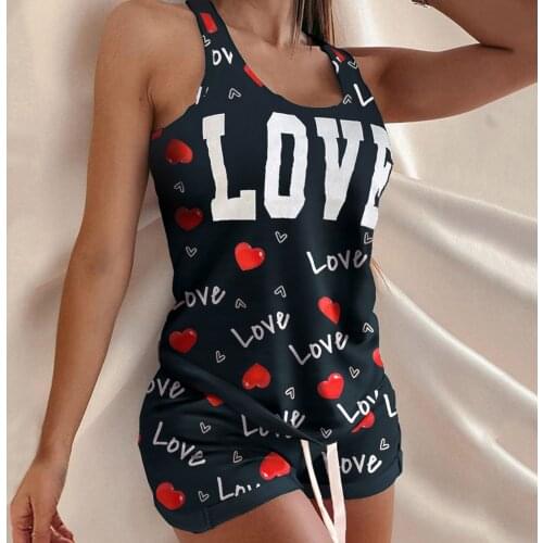 Women Camisole Sleep Wear Heart Printing Sleeveless Set Summer Pyjamas Casual Vest Shorts Two-piece Suit Home Clothes