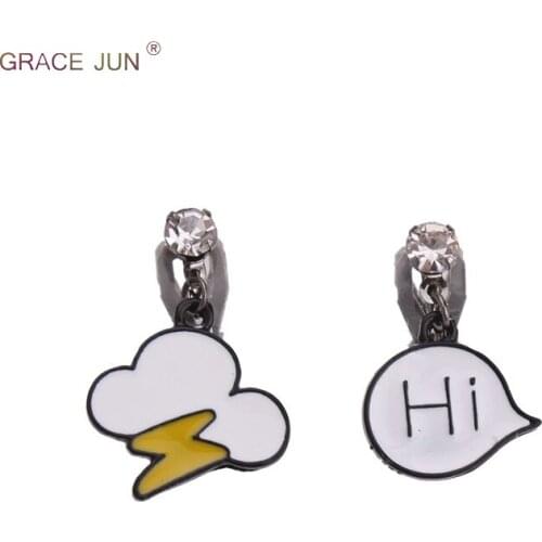 GRACE JUN Rhinestone Enamel Letter "Hi" Clouds Shape Clip on Earrings No Pierced for Girls Fashion Party Birthday Ear Clip Gift
