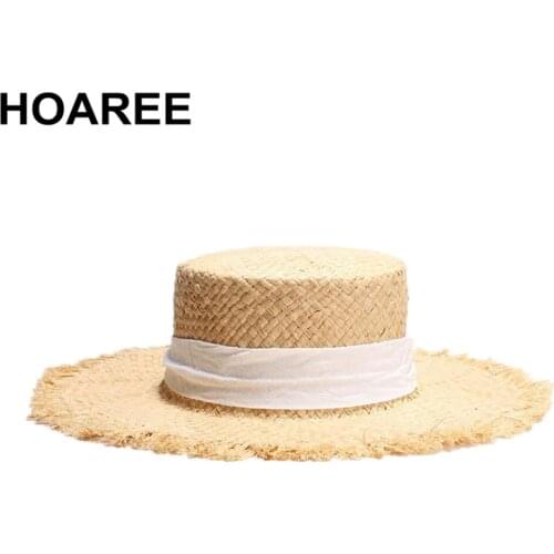 HOAREE Women Raffia Straw Sun Hat Ladies Summer Wide Brim Boater Casual Lace-Up Female Designer Brand Beach Flat Cap