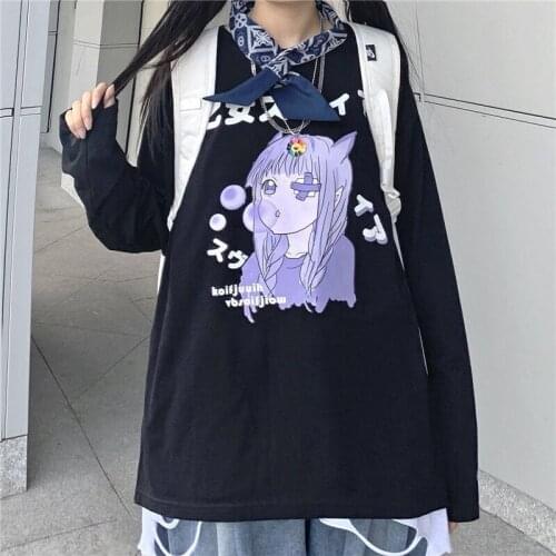 Dark Streetwear Korean vintage Harajuku Japanese cartoon print loose top women sweatshirt autumn thin long-sleeved sweatshirt