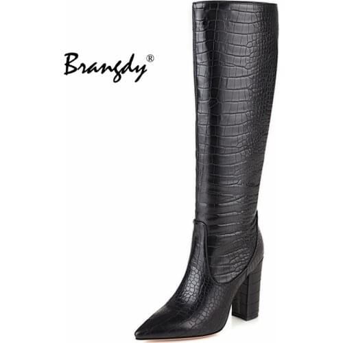 Brangdy New Women Knee High Boots Leather Pointed Toe Women Winter Shoes Fashion Sexy Party Shoes Women Footwear Size 34-48