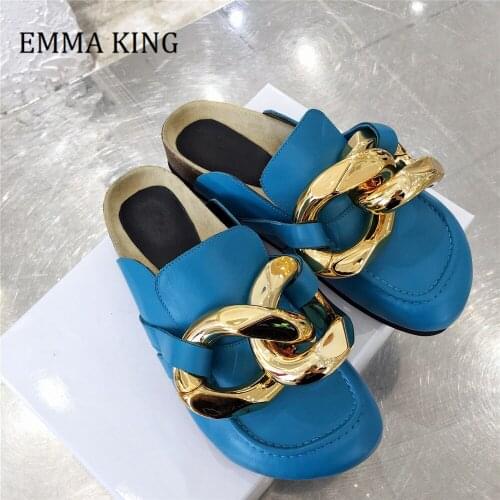 Women Metal Chain Loafers Genuine Leather Slip On Women Flats Square Toe Womens Lazy Shoes Comfortable Female Loafer Shoes 2020