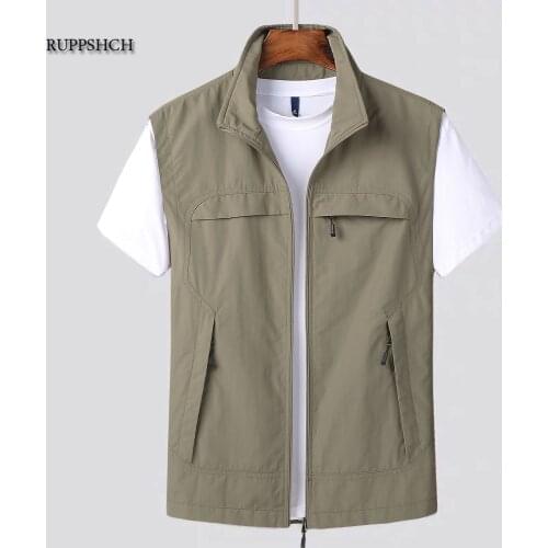 Men Vest Jacket Vest Summer Solid Color Stand-Up Collar Fishing Mountaineering Mountaineering Photography Work Sleeveless Pocket
