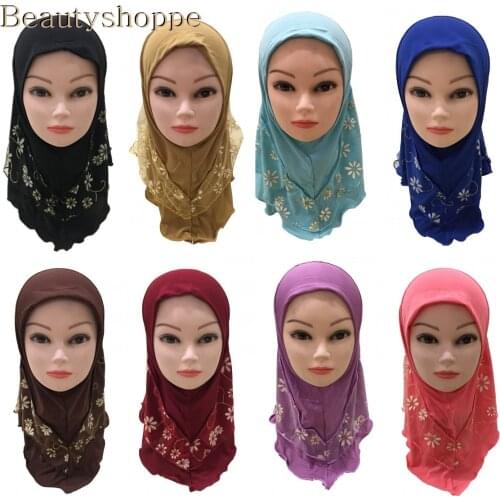 2019 Girls Kids Muslim Pretty Hijab Islamic Arab Scarf Shawls Flower Pattern Headscarf Children Shawls Wrap Headwear Caps Amira