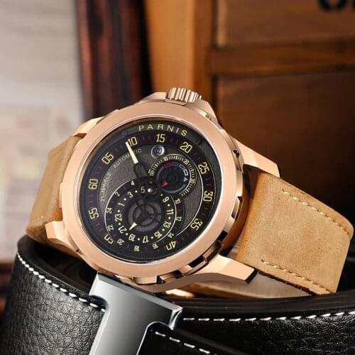 Parnis 44mm Men Watches Luxury Brand Automatic Mechanical Watches Luminous Waterproof Sport Design Wristwatch Mens Leather Strap
