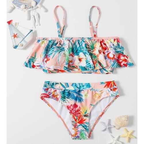 Childrens Swimsuit Printed One-shoulder Sling Ladies Split Bikini Summer Swimming Wading Sports Hot Spring Swimsuit Suit