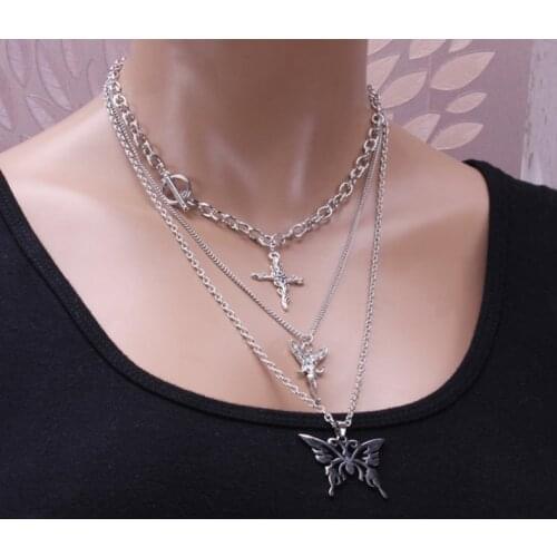 YLWHJJ brand Multilayer Angel Rose Cross Flower Butterfly Necklace Japanese and Korean personality hip-hop necklace for women
