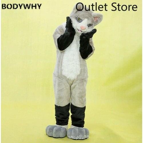 Halloween Fursuit Long Fur Gray Cat Dog Mascot Costume Cosplay Party AD Xmas Cartoon Outfits Carnival Halloween Ad Clothes