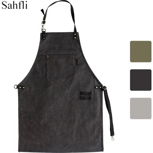 Men and Women Tooling Halter Neck Waist Tie Sleeveless Apron Solid Color Washed Canvas with Large Pockets Gardening Accessories