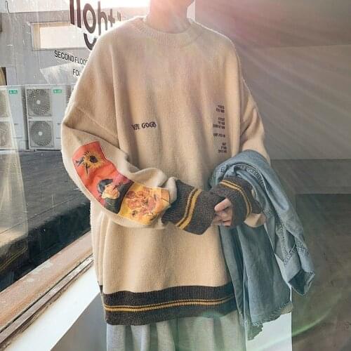 Van Gogh Sleeve Patchwork Pullover Knit Sweater 2021 Mens Hip Hop Embroidery Crewneck Knitwear Sweaters Streetwear Tops