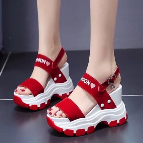 Womens Summer Sandals Platform Shoes 2021 New Summer Fish Toe Red Female High Heels Wedges Sandals Fashion Hook Loop Shoes